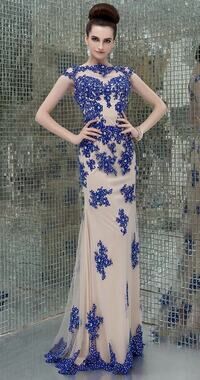 Angela & Alison Dress Womens 4 Blue Beaded Mesh Gown Open Back Formal